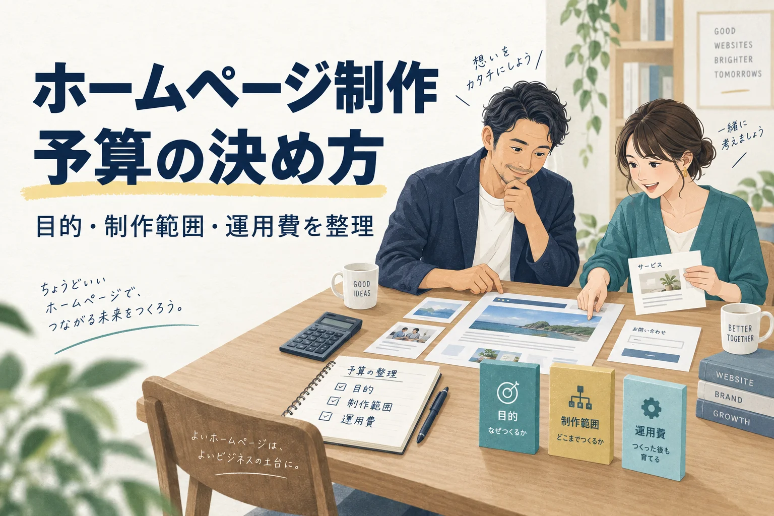 ホームページ制作の予算を、目的・制作範囲・運用費に分けて相談するイメージ